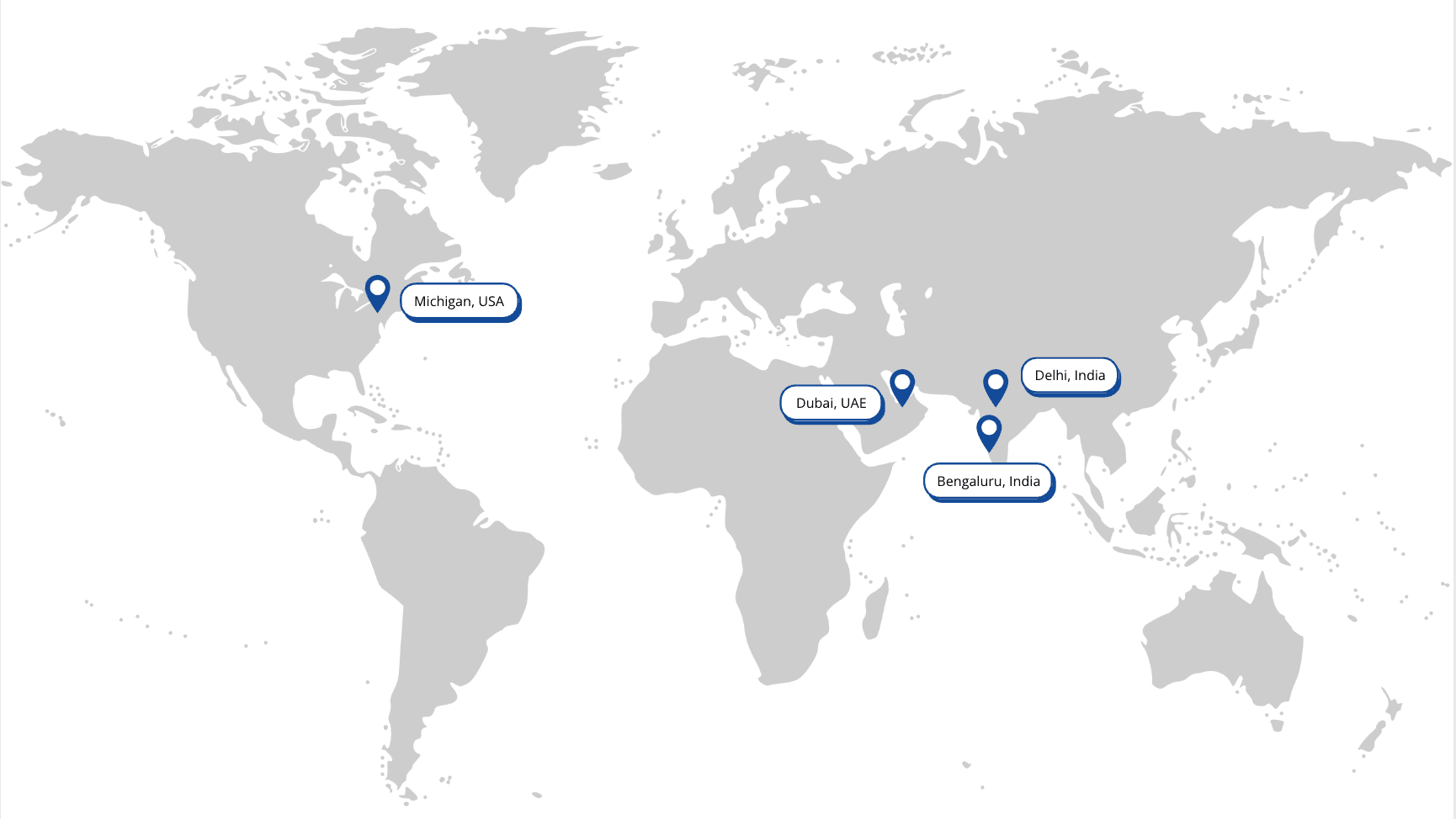 SDET Tech Global Presence Map showing office locations in Noida, Bengaluru, Michigan, and Dubai