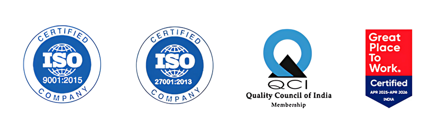 ISO 9001, ISO 27001, Great Place to Work, and QCI membership badges